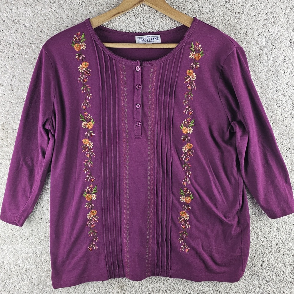 Vintage Liberty Lane Embroidered Pumpkins Halloween Henley Blouse Cottagecore XL